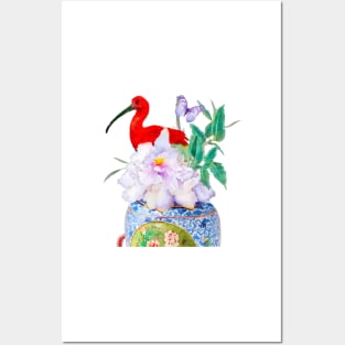 Red ibis and chinoiserie jar Posters and Art